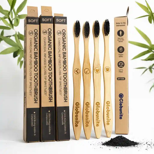 Eco Friendly Bamboo Toothbrush for Adults Pack of 4 Soft Bristle Charcoal Plastic Free Sustainable Organic brush for Natural Oral Care