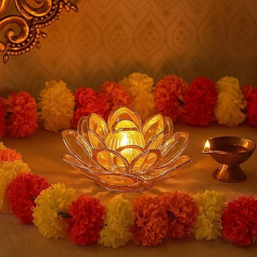 Golden Lotus LED Diya Lights | Flameless Acrylic Tea Lights for Diwali, Pooja & Home Decor