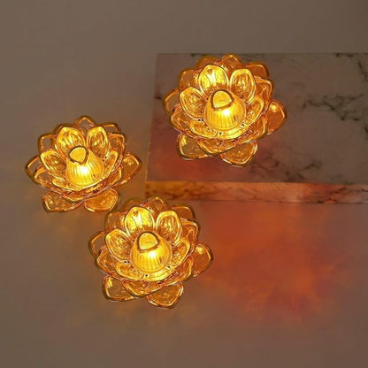 Golden Lotus LED Diya Lights | Flameless Acrylic Tea Lights for Diwali, Pooja & Home Decor